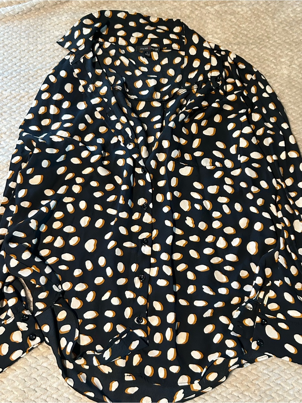 Moa Moa Black Blouse with Cream and Tan Spot Pattern